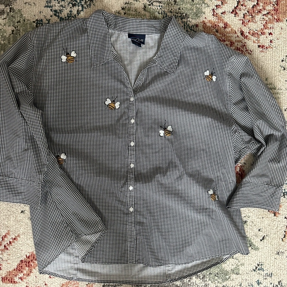 Vintage 90s Las Olas Bumble Bee Checkered Plaid Button Down Blouse Plus Women 3X